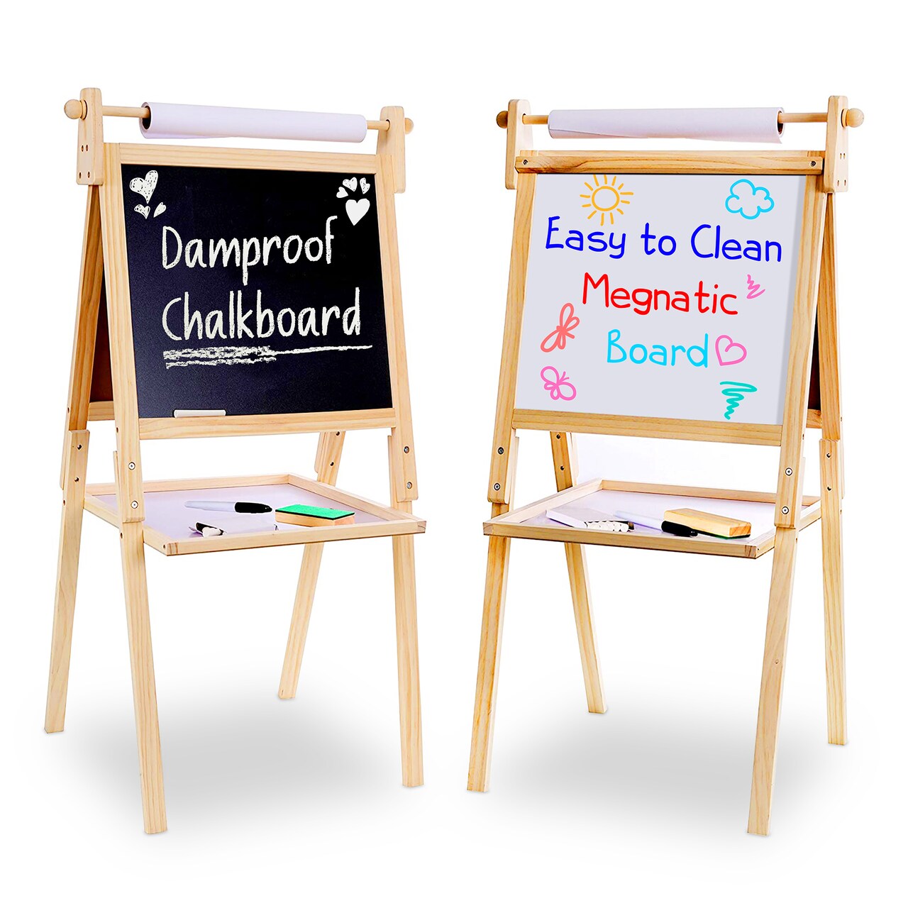 Kraftic Deluxe Standing Art Easel for Kids - Toddler Drawing Chalkboard, Magnetic Whiteboard, Dry Erase Board, Paper Roll and Accessories